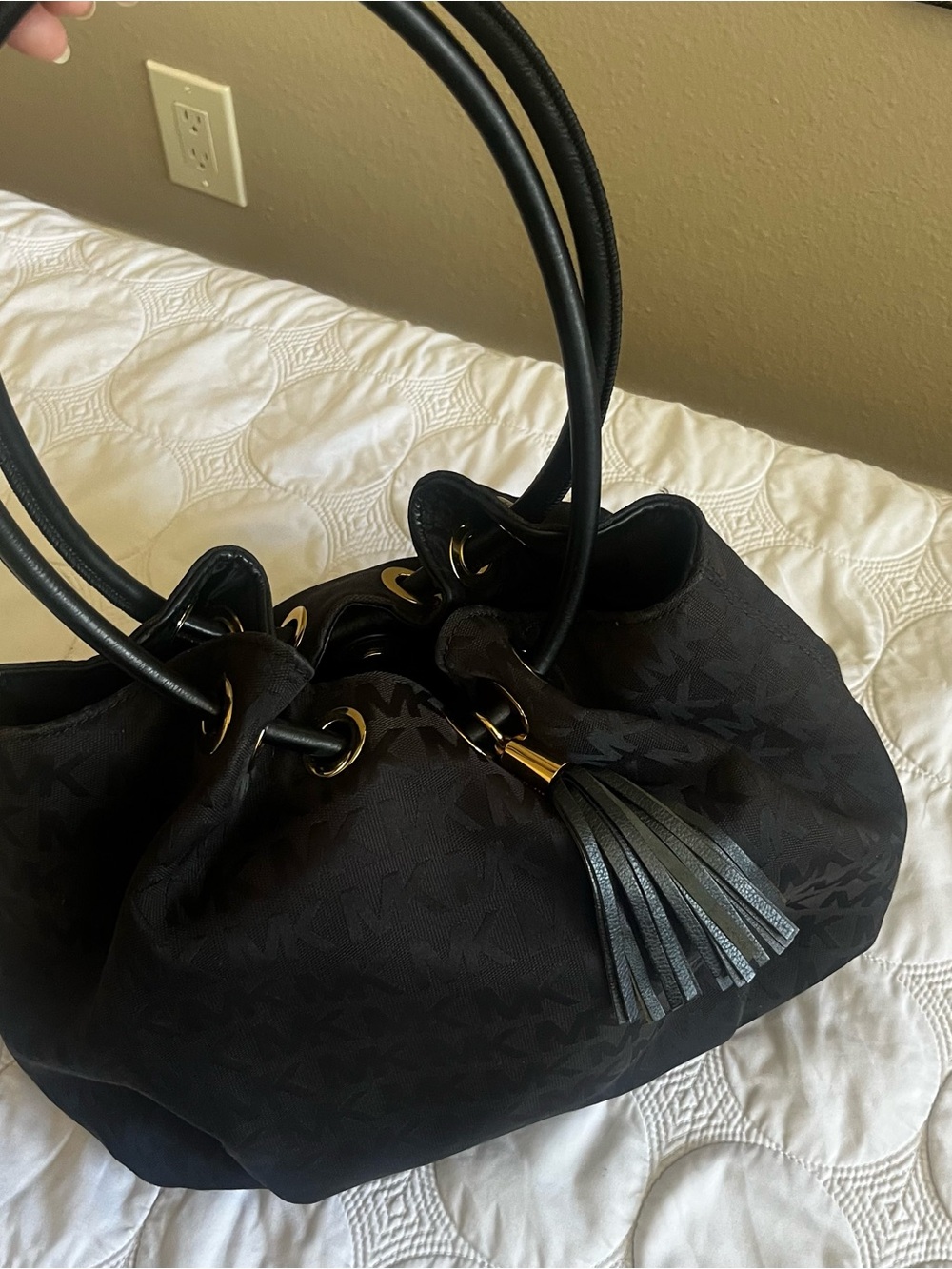 Michael Kors Black MK Monogram Drawstring Tote with Gold Charm - Picture 2 of 9